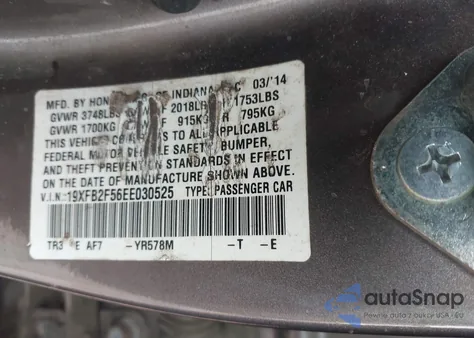 2014 Honda Civic Lx z USA, uszkodzony, nr VIN 19XFB2F56EE030525